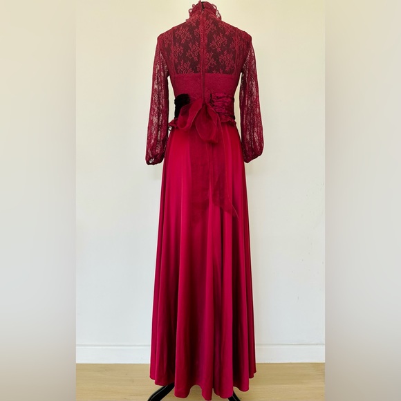 Vintage 70s Maroon Victorian Prom Dress Ruffle Maxi Lace Silky Disco Queen Small - Picture 5 of 10